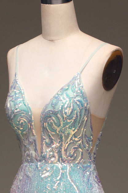 Mermaid Spaghetti Straps Grey Blue Prom Dress With Slit Sparkly Evening Dress