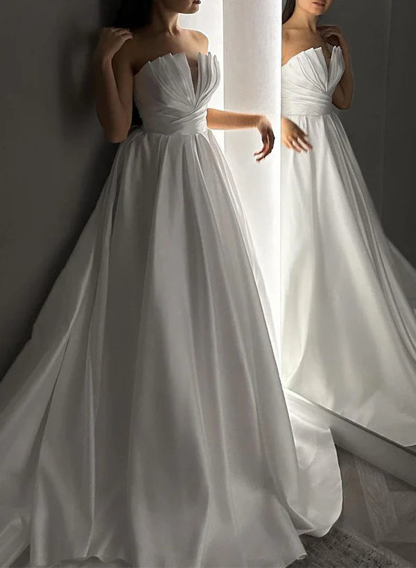 Strapless Sleeveless Satin Wedding Dresses With Ruffle Off Shoulder Floor Length Solid Color Simple