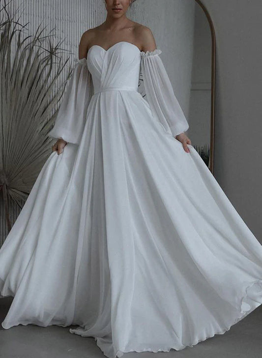 Off-The-Shoulder Long Sleeves Floor-Length Tulle Wedding Dresses Solid Color Elegant