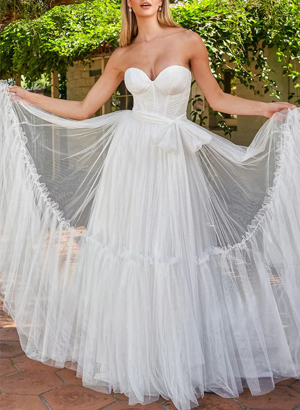 Sweetheart Sleeveless Sweep Train Tulle Wedding Dresses Off Shoulder Floor Length Solid Color