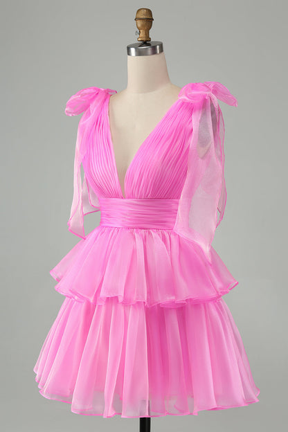 Cute Hot Pink A Line V Neck Backless Pleated Tiered Short Homecoming Dress Beautiful