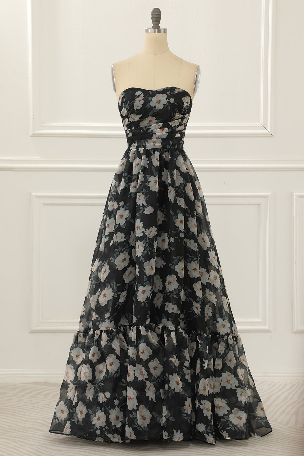 Black Print Off Shoulder A Line Prom Dress With Ruffles Floor Length Beautiful