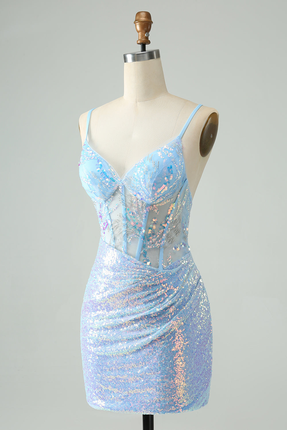 Glitter Light Blue Tight Spaghetti Straps Corset Short Homecoming Dress with Sequins Sparkly