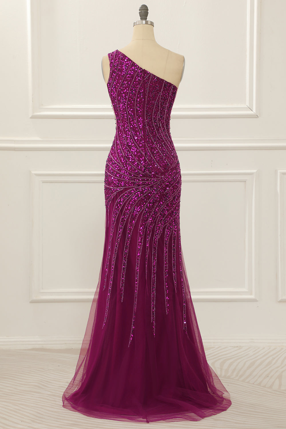 One Shoulder Purple Beaded Prom Dress With Slit Sparkly Evening Dress