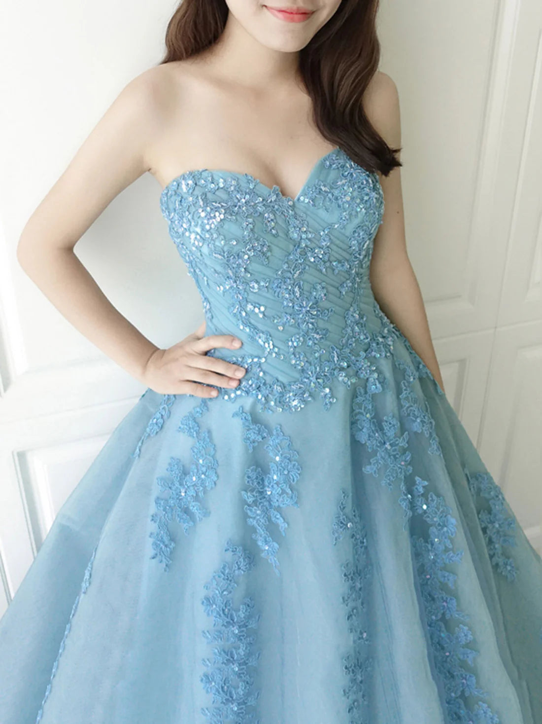 Blue sweetheart neck tulle lace long prom dress evening dress Off Shoulder with Appliques
