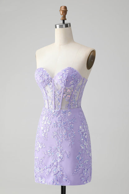 Classy Lilac Bodycon Sweetheart Corset Short Homecoming Dress with Sequins Off Shoulder