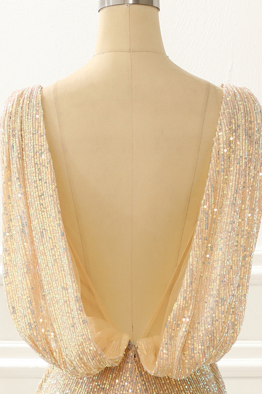 Champagne Sequins Long Prom Dress With Slit V-neck Sexy Sparkly