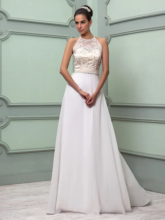 Wedding Dresses Jewel Neck Floor Length Chiffon Lace Regular Straps See-Through with Sash Ribbon Beading Split Front