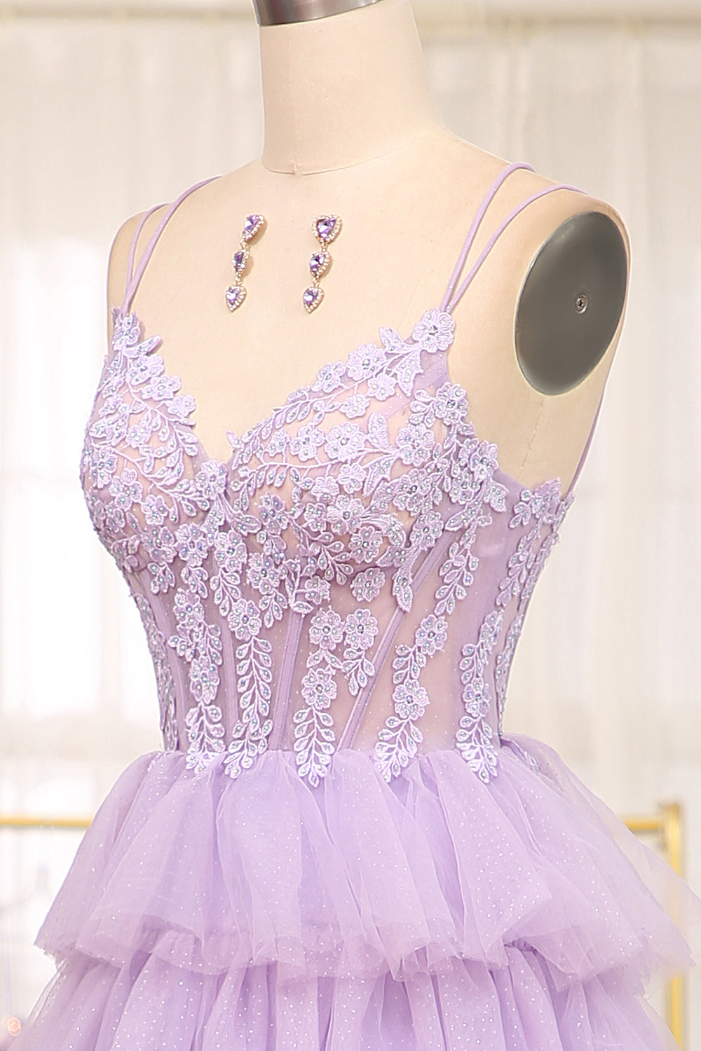 Elegant Lilac A Line Tulle Tiered Long Corset Prom Dress With Appliques Beautiful