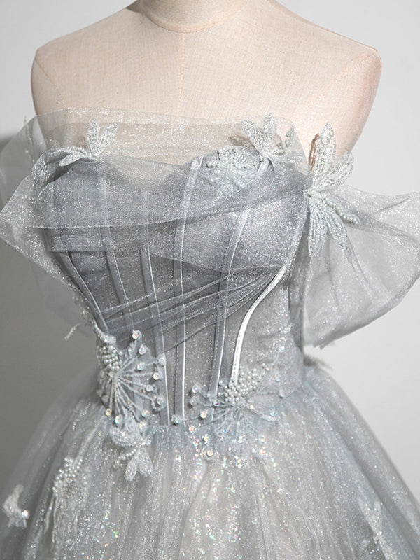 Gray A-Line Off the Shoulder Tulle Prom Dress Lovely Corset Floor Length Party Dress Beautiful