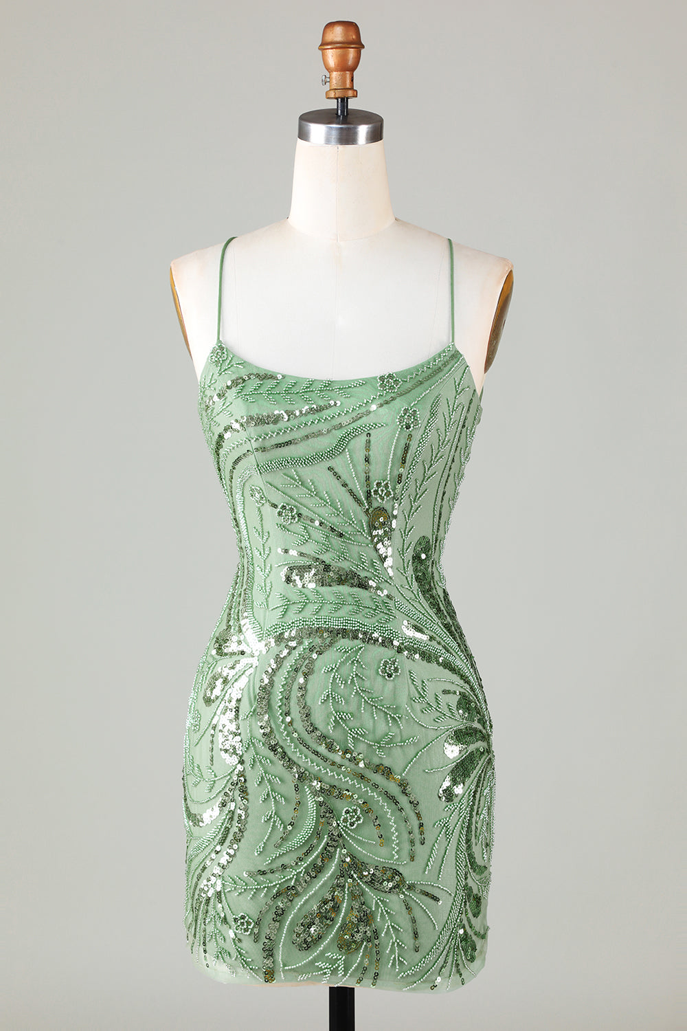Sparkly Green Sheath Sequin Short Homecoming Dress with Criss Cross Back Beautiful
