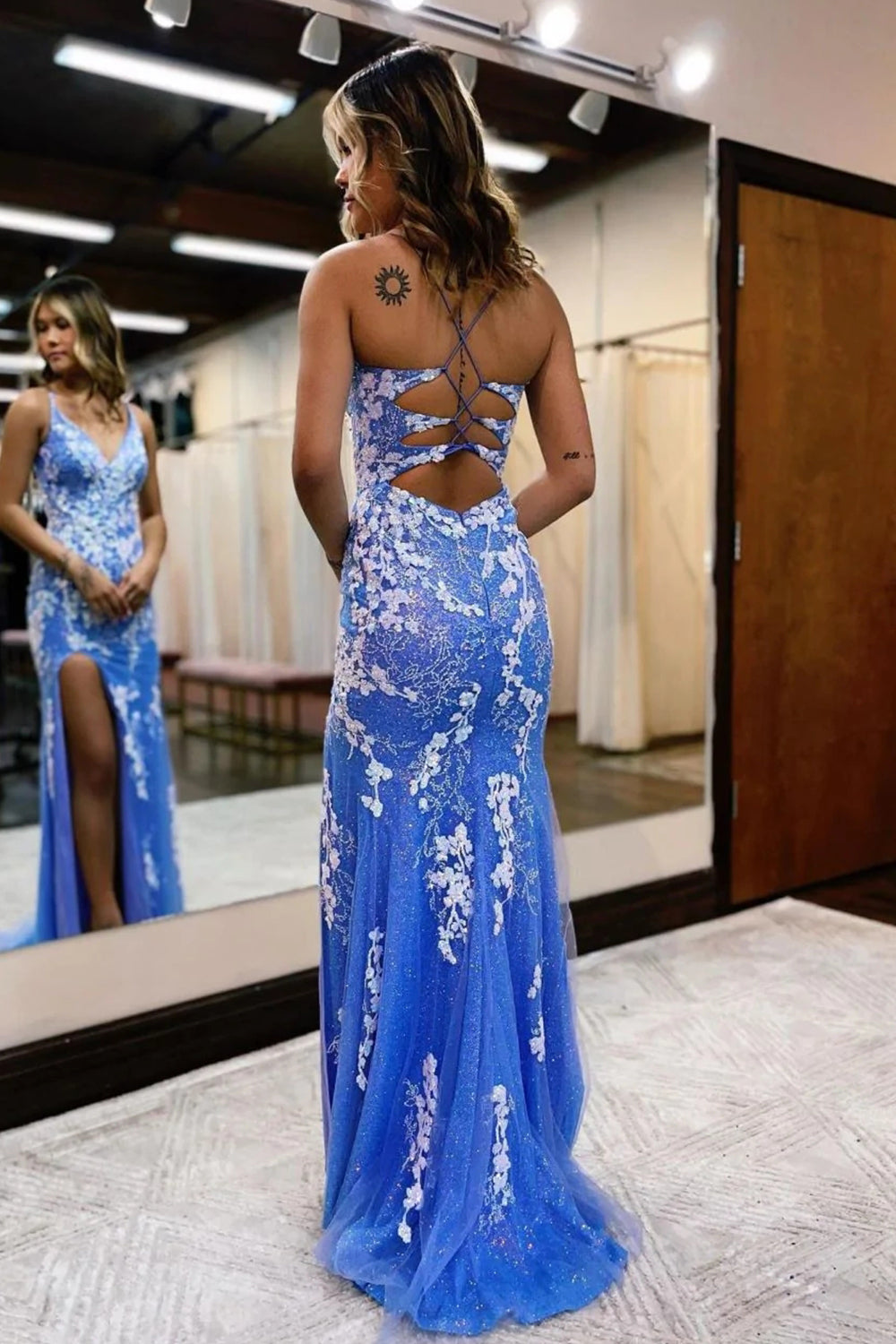 Glitter Blue Mermaid Lace Long Prom Dress with Slit Beautiful