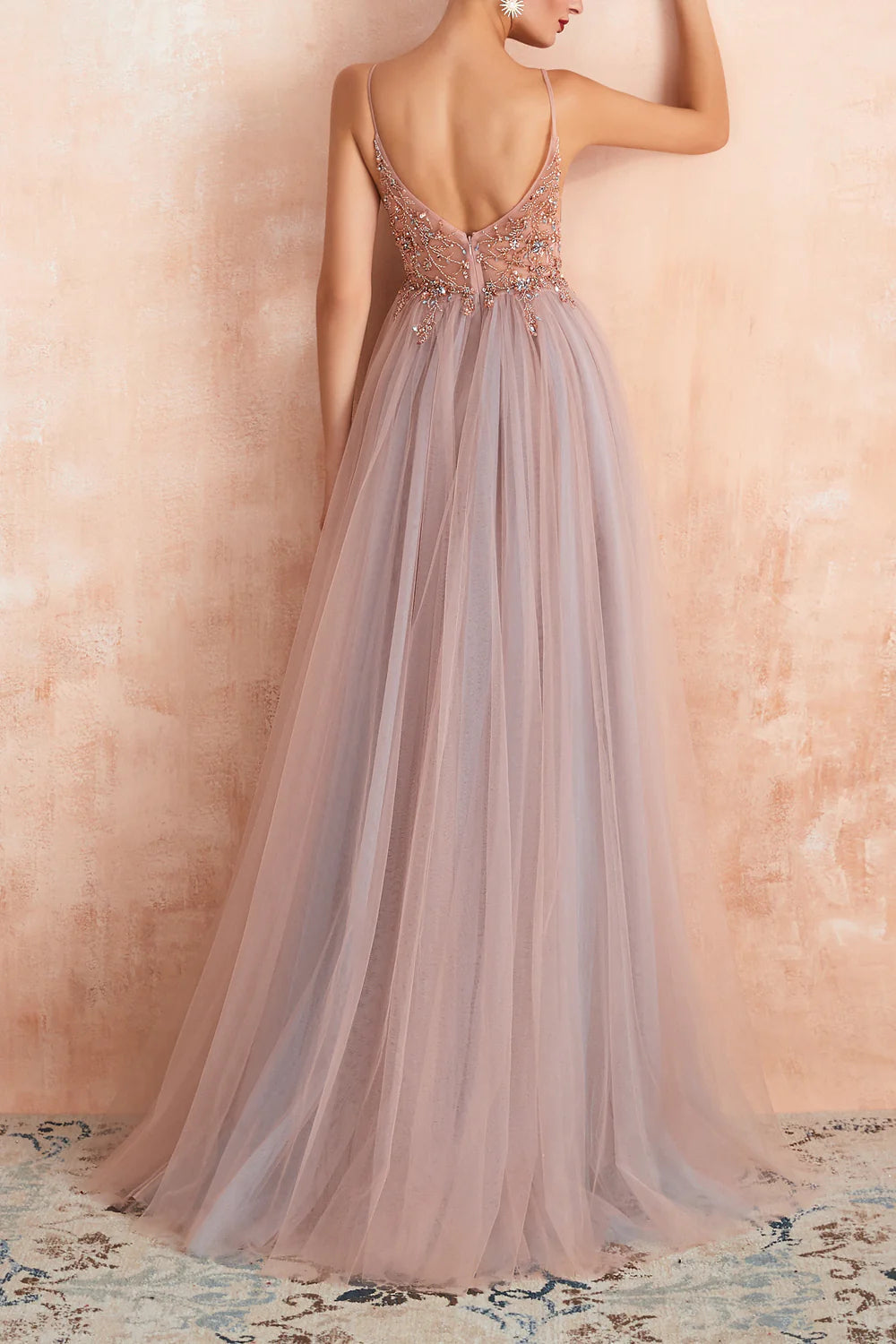 Grey Pink Sheath V-neck Tulle Long Prom Dress With Slit Sexy