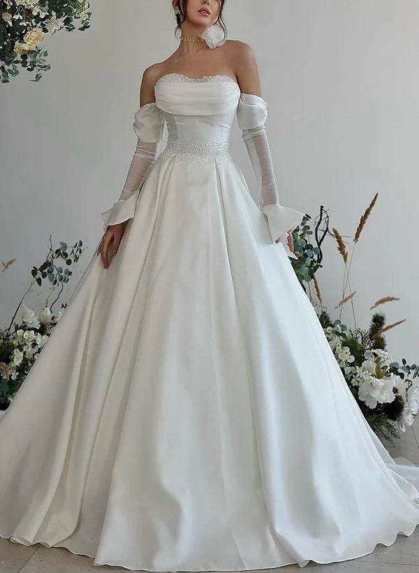 Sweetheart Long Sleeves Silk Like Satin Wedding Dress With Beading Off Shoulder Floor Length Without Neck accessories