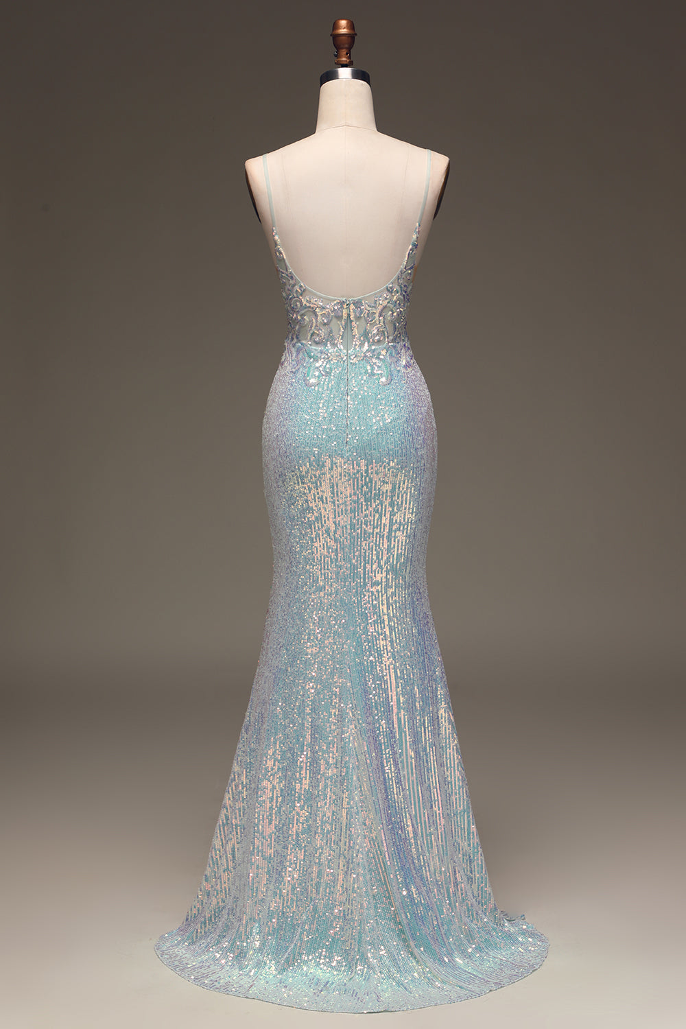 Mermaid Spaghetti Straps Grey Blue Prom Dress With Slit Sparkly Evening Dress