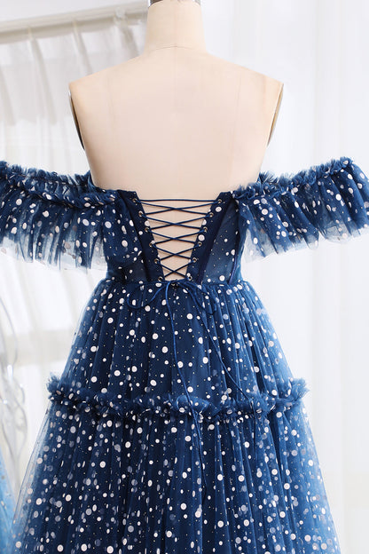 Navy Off The Shoulder Corset Long Tull Prom Dress Floor Length Beautiful