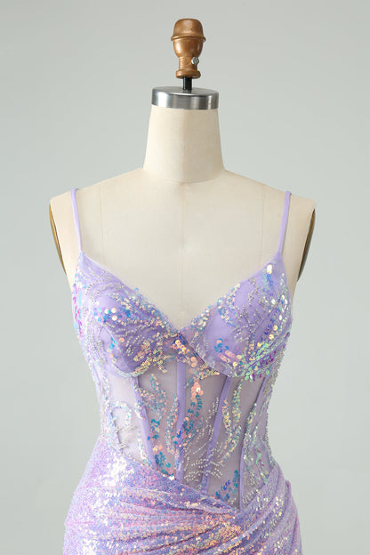 Glitter Light Blue Tight Spaghetti Straps Corset Short Homecoming Dress with Sequins Sparkly