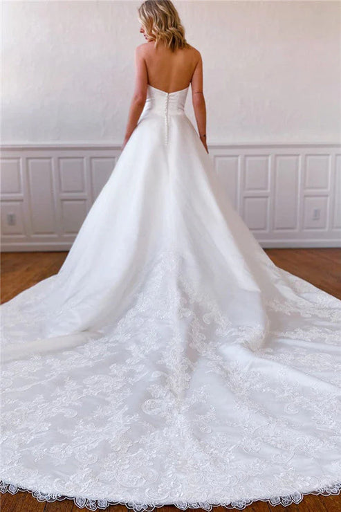 Lace Appliques Long Strapless White Wedding Dress with Pockets Off Shoulder
