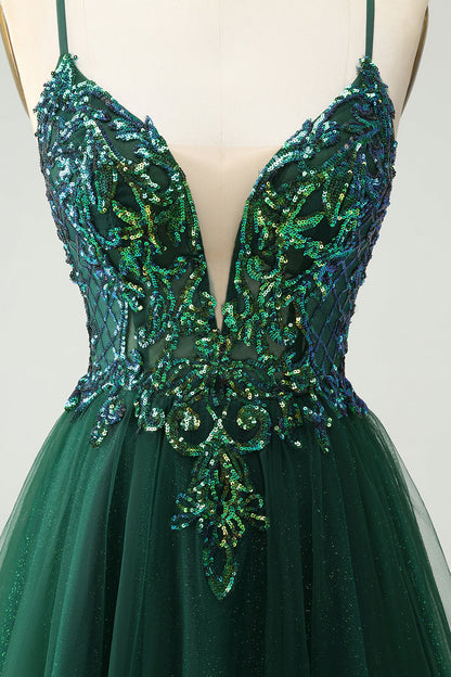 Cute Dark Green A Line V Neck Sequin Short Homecoming Dress with Appliques Sexy