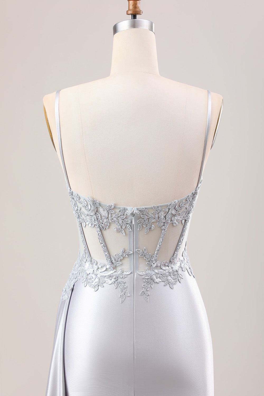 Mermaid Silver Spaghetti Straps Corset Ruched Prom Dress With Slit Sexy