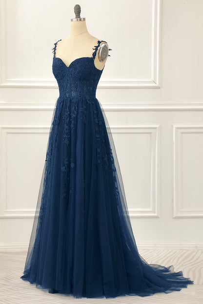 Navy Tulle A Line Corset Prom Dress With Appliques Beautiful