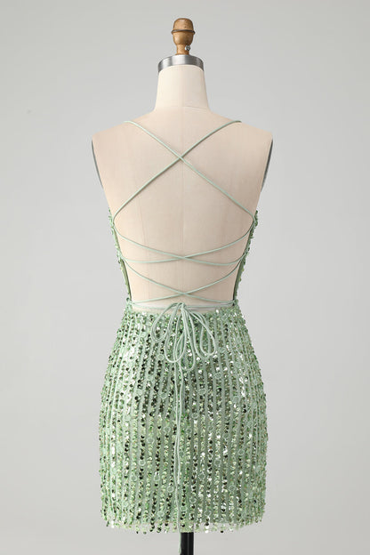 Stylish Green Sheath Criss Cross Back Short Homecoming Dress with Sequins Sparkly