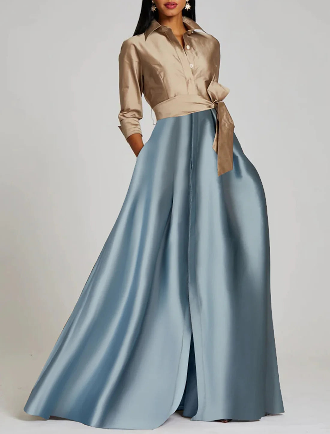A-Line Evening Gown Elegant Dress Formal Floor Length 3/4 Length Sleeve Shirt Collar Satin with Slit Strappy Fashion