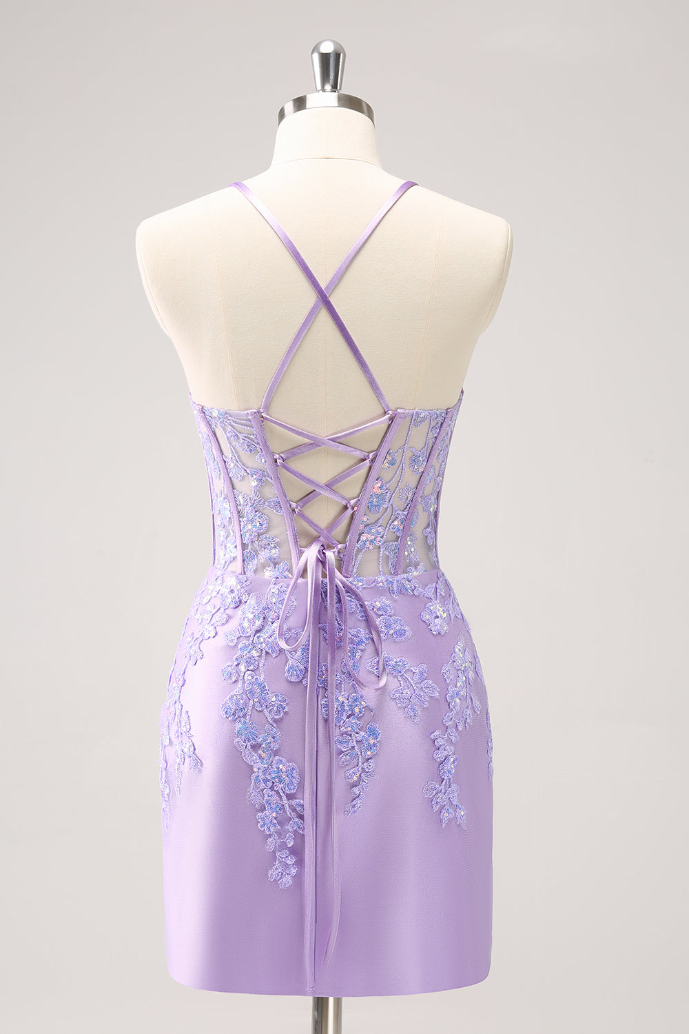 Sparkly Lilac Bodycon Spaghetti Straps Sequin Corset Homecoming Dress with Appliques Beautiful