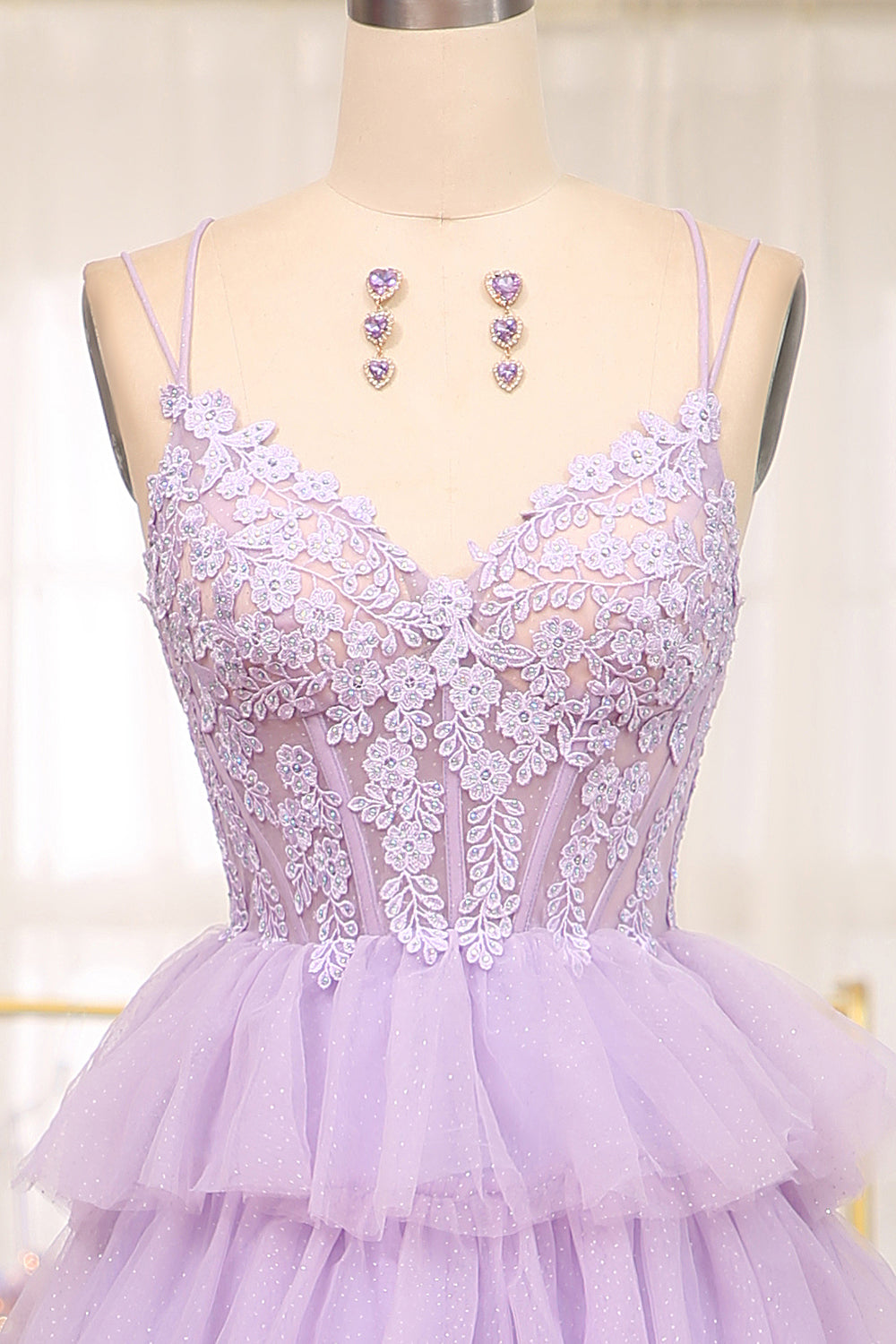 Elegant Lilac A Line Tulle Tiered Long Corset Prom Dress With Appliques Beautiful