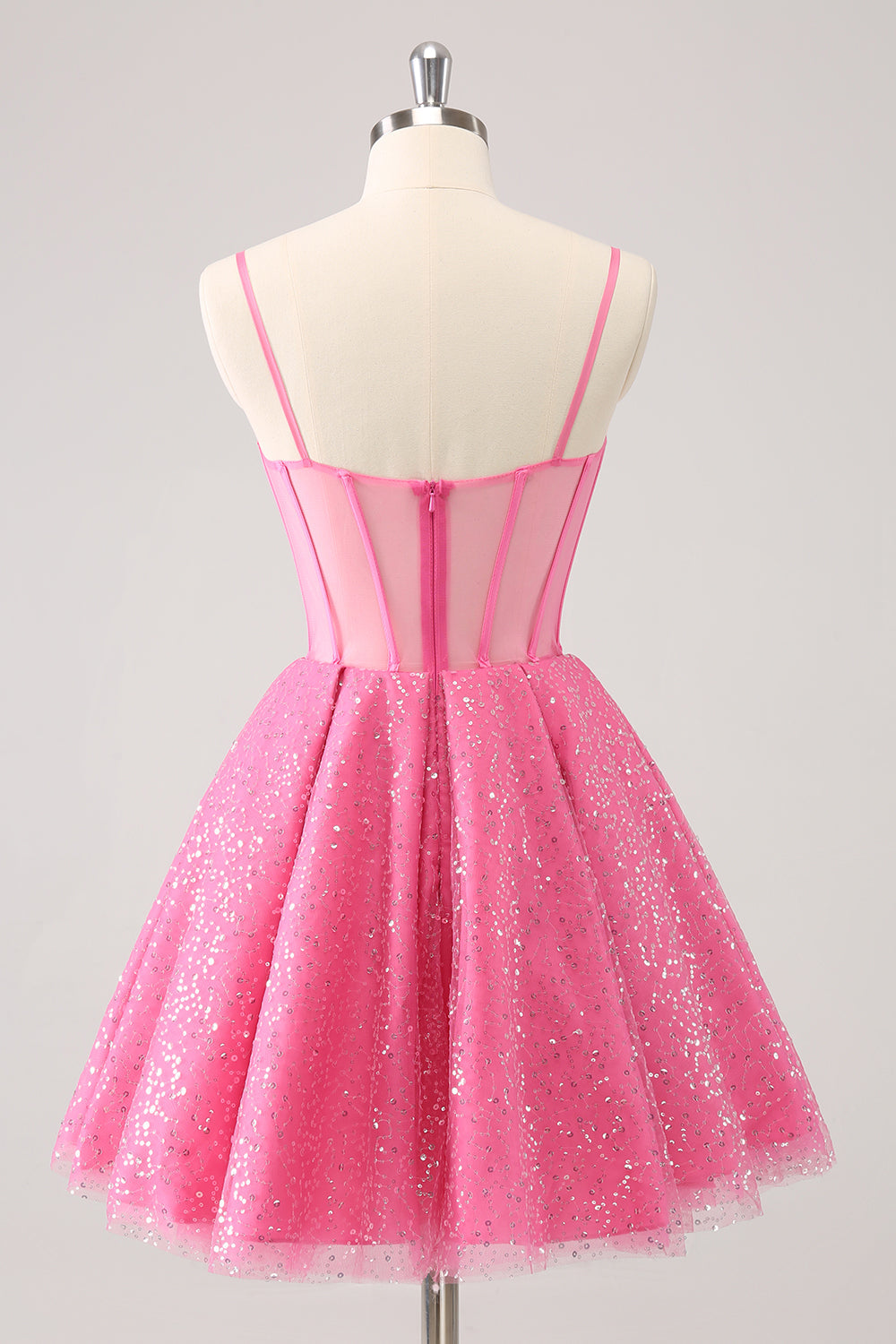 Sparkly Cute Pink Spaghetti Straps A Line Corset Short Homecoming Dress with Sequins Sexy