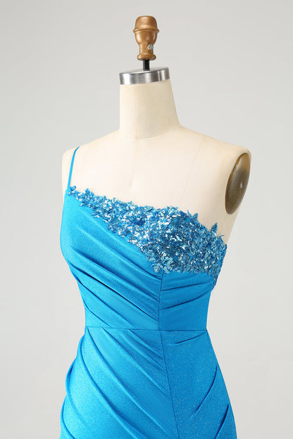 Sparkly Blue Bodycon One Shoulder Pleated Short Homecoming Dress with Sequins Sexy