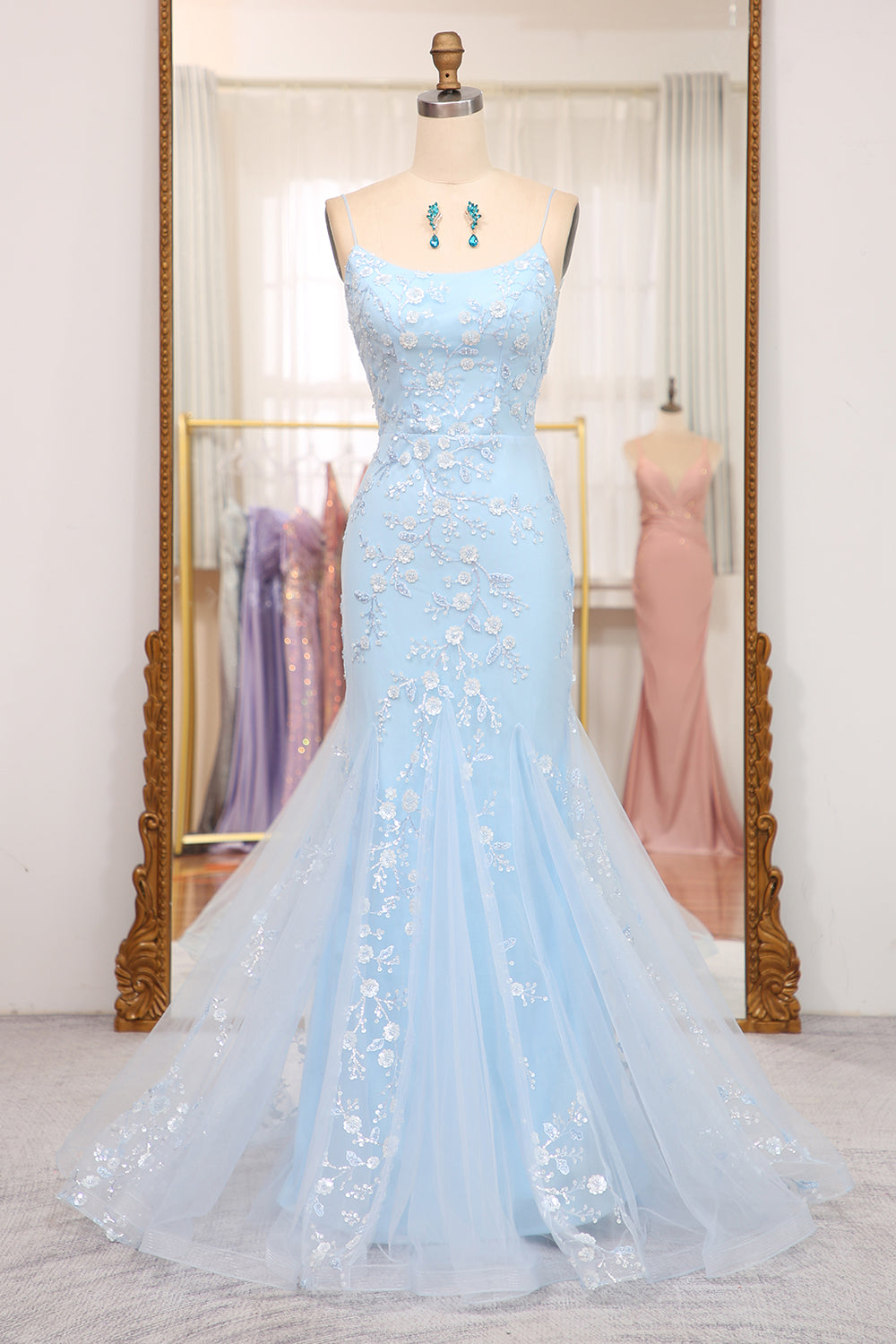 Mermaid Spaghetti Straps Long Prom Dress With Appliques Light Blue Beautiful