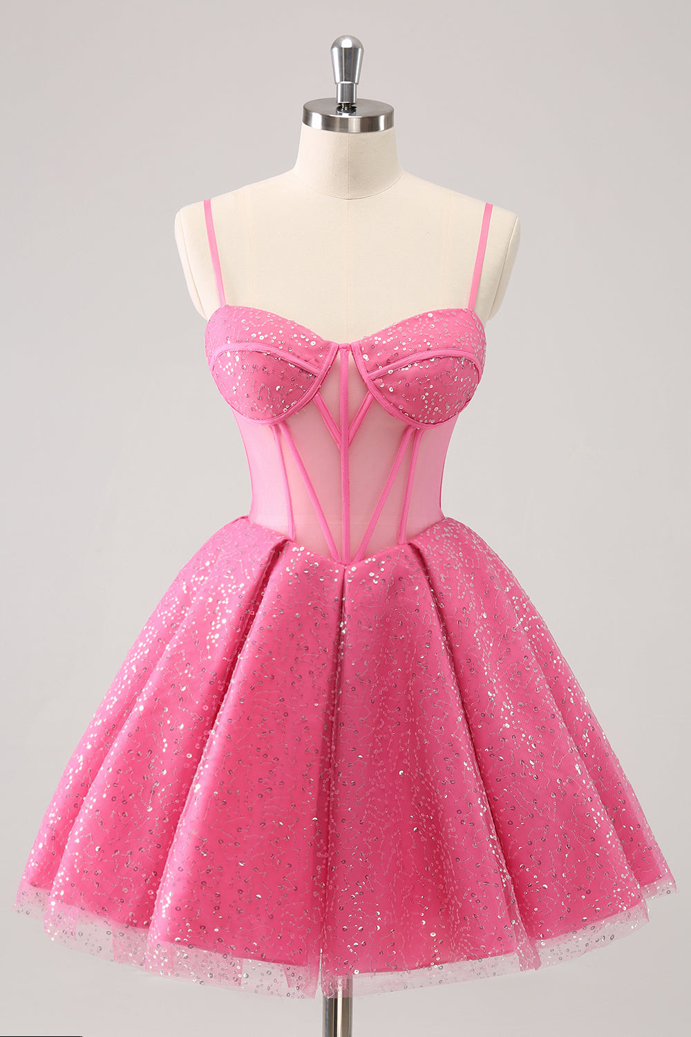 Sparkly Cute Pink Spaghetti Straps A Line Corset Short Homecoming Dress with Sequins Sexy