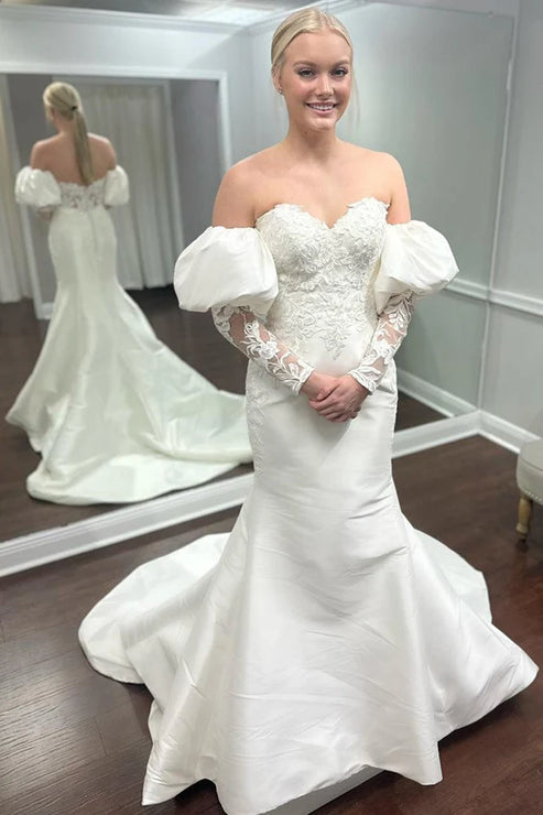 White Appliques Off-the-Shoulder Mermaid Wedding Dress with Detached Sleeves Beautiful