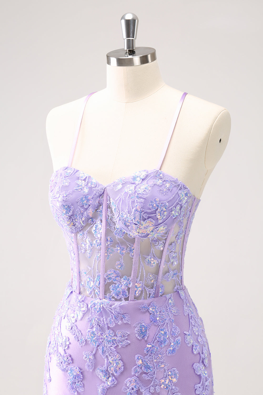 Sparkly Lilac Bodycon Spaghetti Straps Sequin Corset Homecoming Dress with Appliques Beautiful