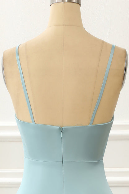 Satin Spaghetti Straps Blue Simple Prom Dress With Slit Party Dress