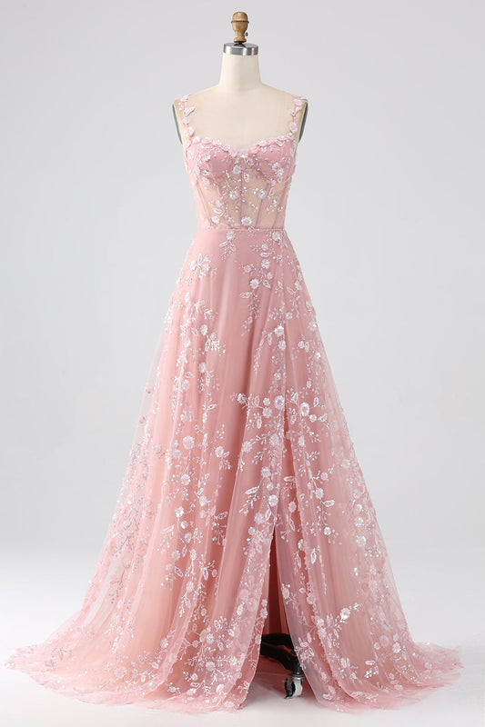 Blush Spaghetti Straps Corset Prom Dress with Appliques Beautiful With Slit