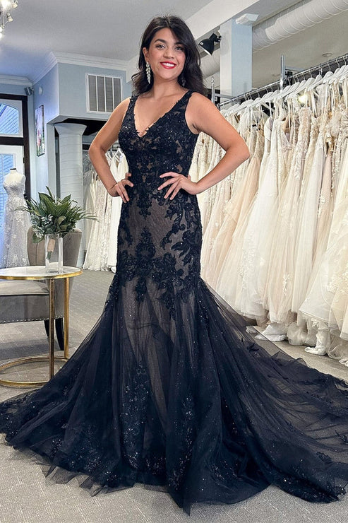 Black Tulle Appliques V-Neck Trumpet Long Wedding Dress Sexy Beautiful