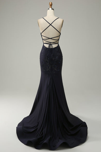 Navy Spaghetti Straps Beaded Mermaid Prom Dress with Slit Sexy