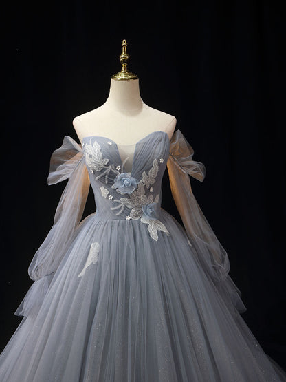Gray A-Line Tulle Lace Long Prom Dress Shiny Lace Formal Dress Off Shoulder