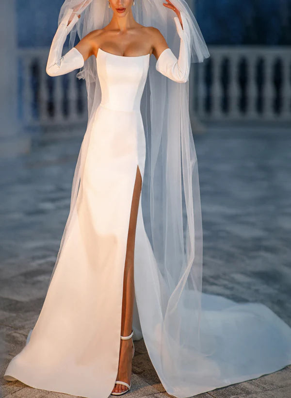 Strapless Sleeveless Satin Sweep Train Wedding Dress Off Shoulder With Slit Sexy Without Gloves