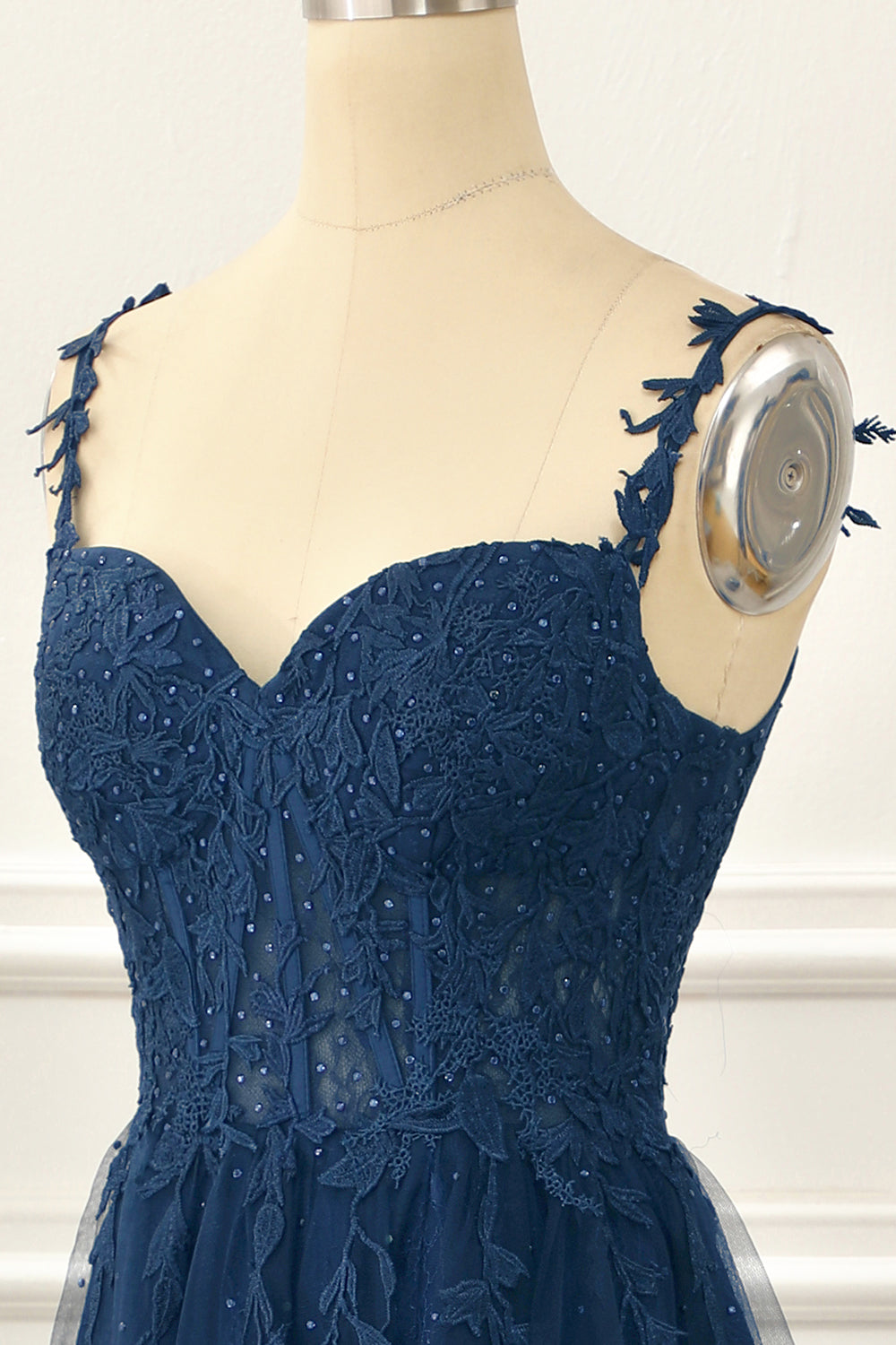 Navy Tulle A Line Corset Prom Dress With Appliques Beautiful