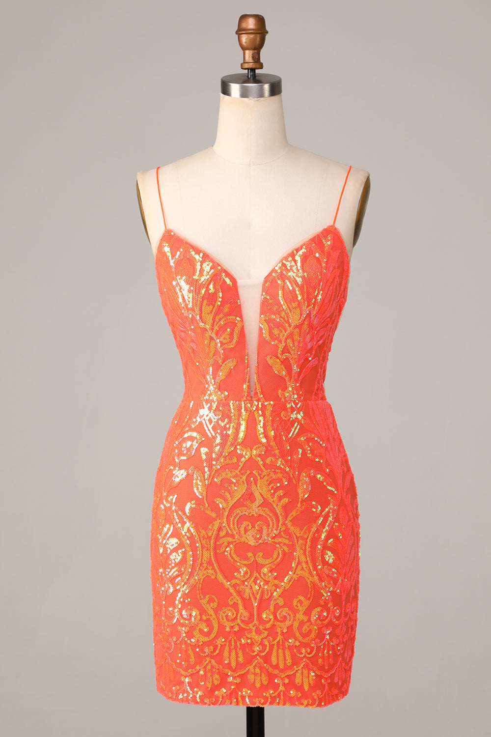 Sparkly Orange Bodycon Spaghetti Straps Sequins Short Homecoming Dress Sexy