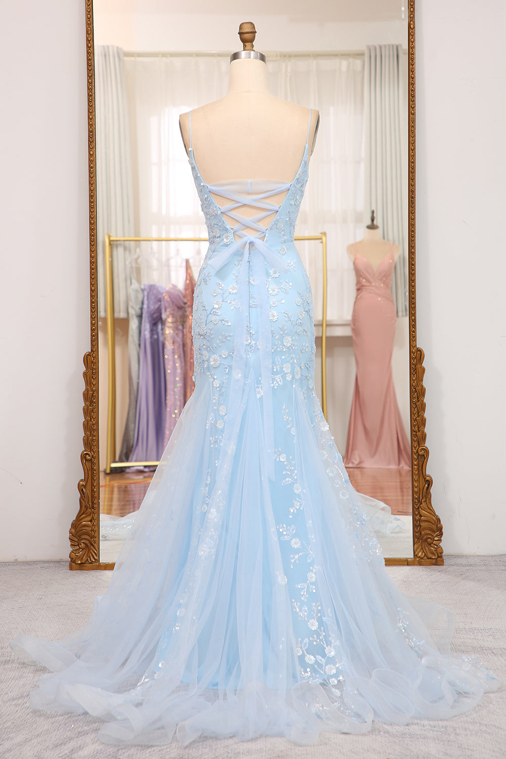 Mermaid Spaghetti Straps Long Prom Dress With Appliques Light Blue Beautiful