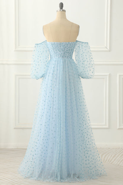 Sky Blue Tulle Off The Shoulder Long Prom Dress Floor Length Beautiful