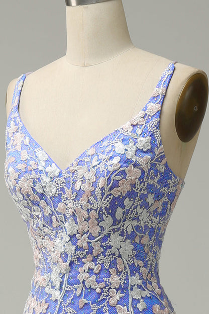 Glitter Blue Mermaid Lace Long Prom Dress with Slit Beautiful