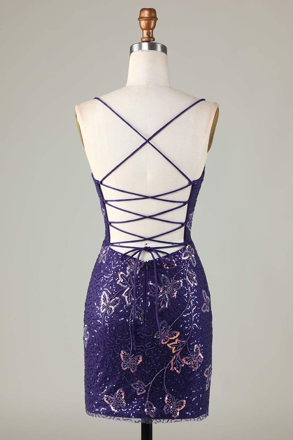 Sparkly Dark Purple Sheath Short Homecoming Dress with Criss Cross Back With Butterfly