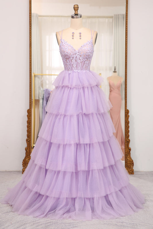 Elegant Lilac A Line Tulle Tiered Long Corset Prom Dress With Appliques Beautiful