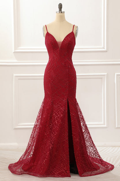 Dark Red Saprkly Mermaid Prom Dress With Slit Sexy Evening Dress