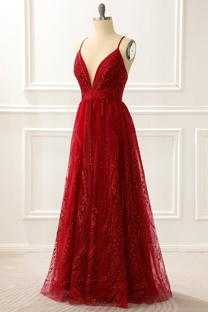 Spaghetti Straps Burgundy A Line Princess Prom Dress V-neck Sexy
